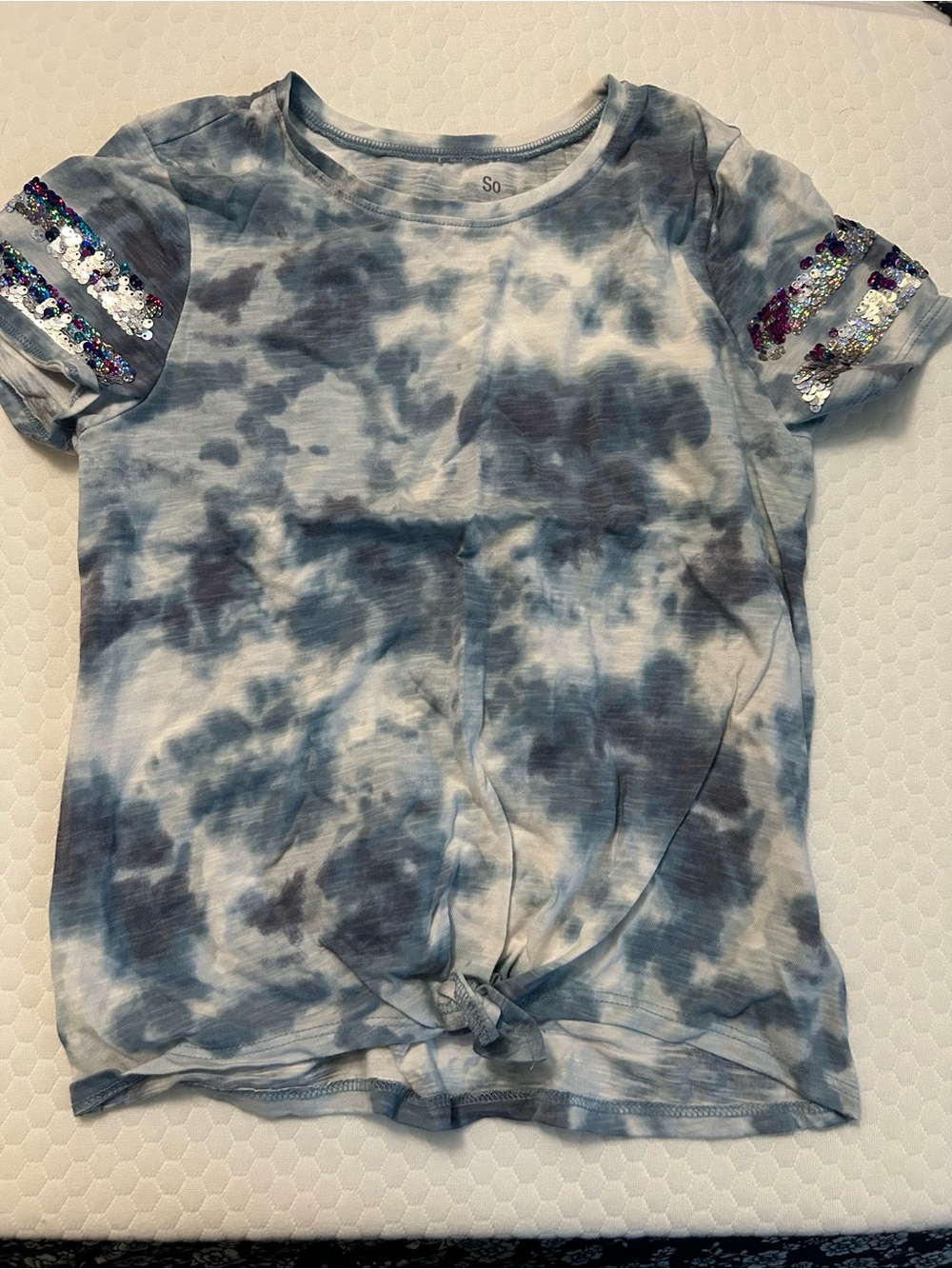 SO Blue and White Tie-Dye Short Sleeve Tee with Sequin Sleeve Stripes